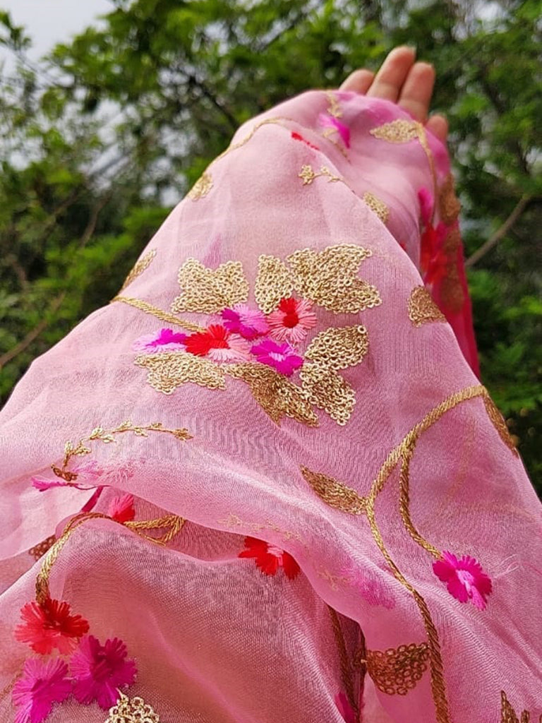 Pink Organza Dupatta, floral Embroidery ...